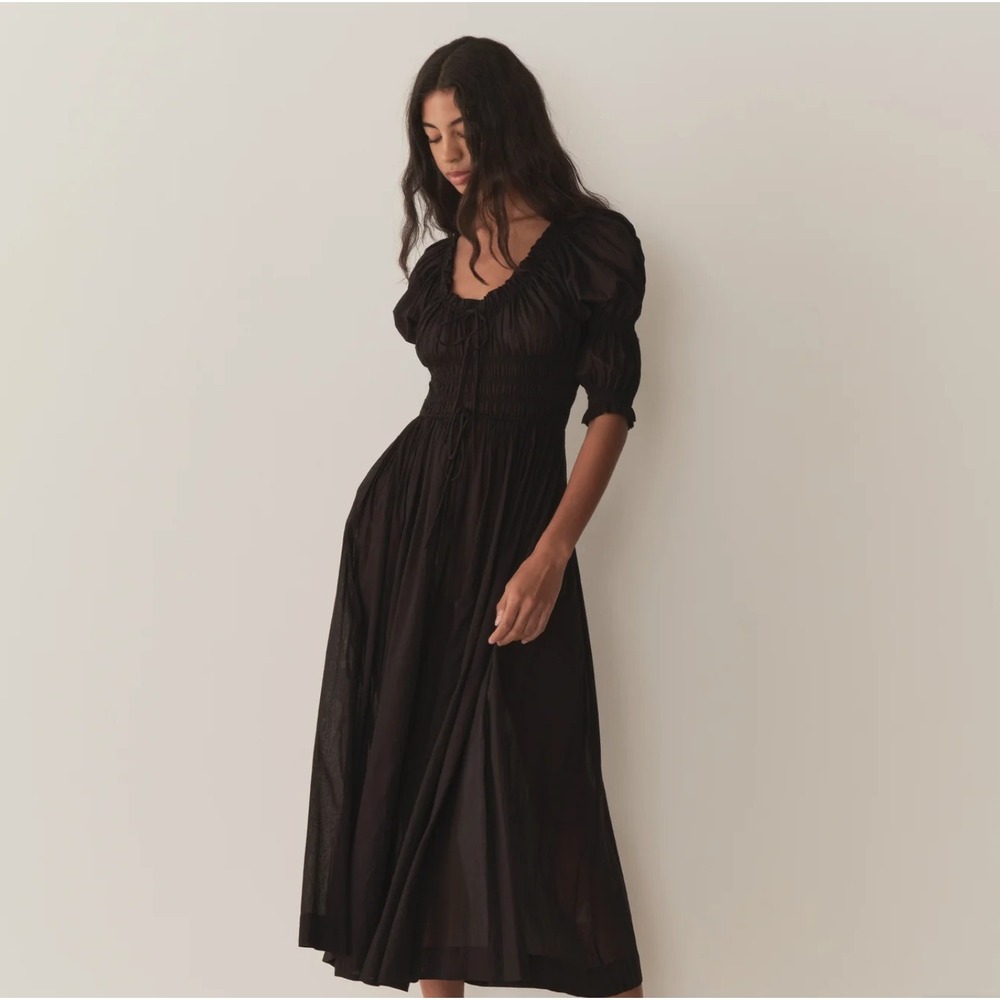 Doen Ischia Dress Black Organic Cotton Viscose Smocked Puff Sleeve Midi XL - Picture 9 of 16